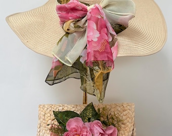 Roze groene bloemen chiffon mix bruiloft tovenaar Derby Ascot Race Day hoed zomer bruidsaccessoire en bijpassende clutch