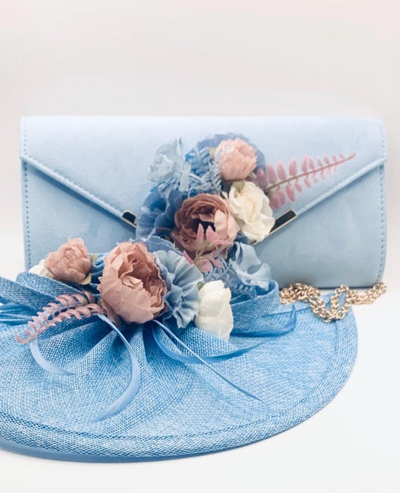 Floral Bridal Clutch Bag: Baby Blue Suede With Gold Chain - Etsy display picture 3
