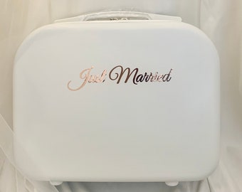 Magnifique ivoire « Just Married » en or rose avec étui rigide pour mariée, vanity, sac de voyage pour compagnon de voyage
