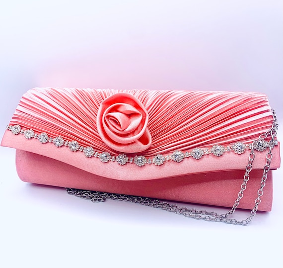Atemberaubende Braut Hochzeit Satin Candy Pink Diamante Clutch Bag