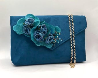 Turquoise Orchid Bridal Clutch Bag: Teal Blue Wedding Purse with Gold Chain