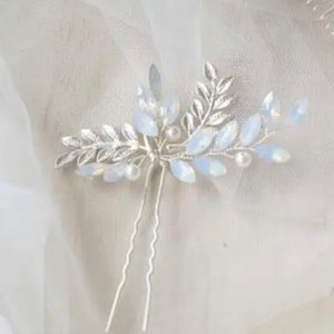 Simply Beautiful Soft Blue with Pearl in Silver with Silver Leaf Bridal Hair Pin