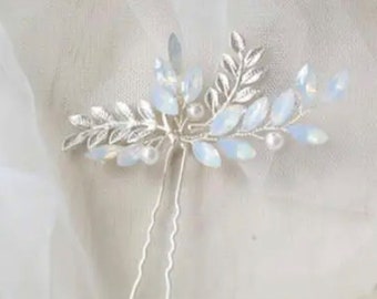 Simply Beautiful Soft Blue with Pearl in Silver with Silver Leaf Bridal Hair Pin