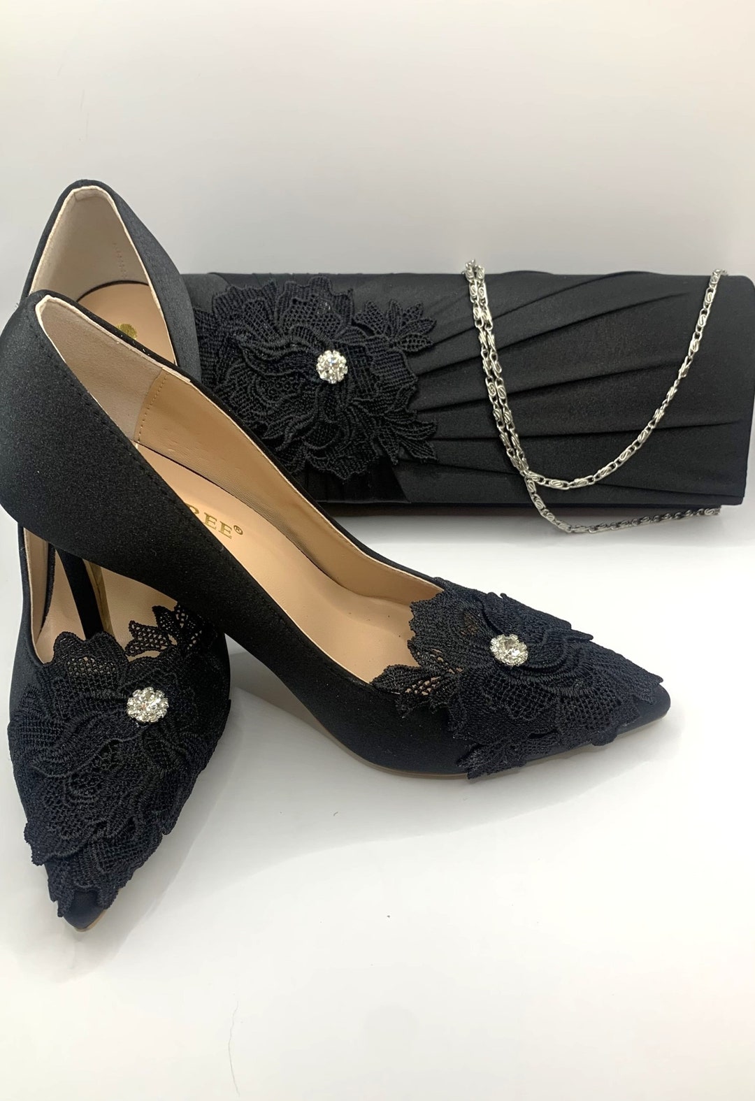 Lace Diamanté Black Satin Wedding Shoes &amp; Clutch Set - Etsy