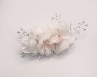 Beautiful Bridesmaid Blush Baby Pink Rose Pink  Flowers with Silver and Pearls Bridal Hair Comb