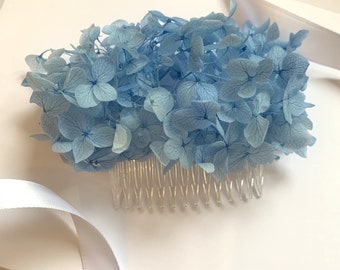 Beautiful Bridesmaid Dusky Dusty Powder Blue Preserved Hydrangea Petal Bridal Hair Comb and Hairpins