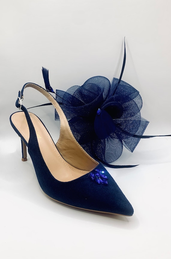 Navy Blue Wedding Shoe and Fascinator Set: Suede Slingback UK