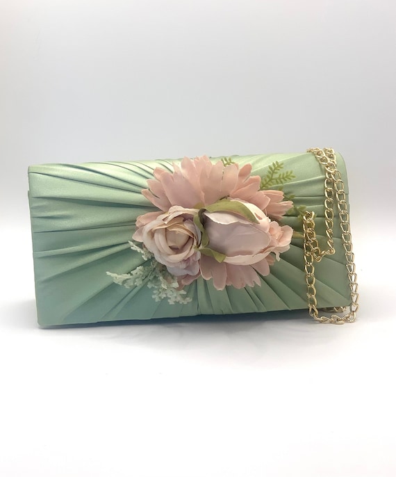 Sage Green and Pink Peony Flower Wedding Clutch Bag - Main Image