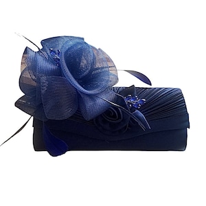 Navy Blue Organza with Feathers and Jewelled Embellishment Wedding Fascinator Hat and Matching Clutch Bag image 1