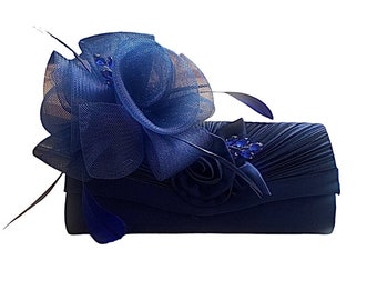 Navy Blue Organza with Feathers and Jewelled Embellishment Wedding Fascinator Hat and Matching Clutch Bag