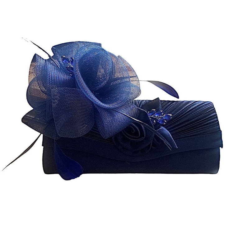 Navy Blue Organza with Feathers and Jewelled Embellishment Wedding Fascinator Hat and Matching Clutch Bag image 1