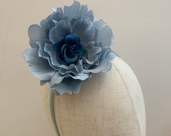 Simply Beautiful Dusky Dusty Blue with Lake Blue Bridal Flower  with a Satin Light Blue Headband