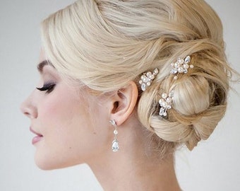 Simply Beautiful Set of 3 Silver, Pearl and Gem Stone Bridal Wedding Hair Pins