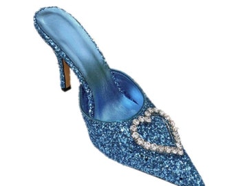 Stunning Glitter and Diamante Embellished Blue Love Heart Wedding Mules Shoes