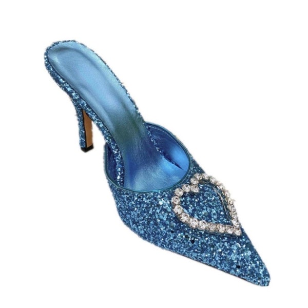 Stunning Glitter and Diamante Embellished Blue Love Heart Wedding Mules Shoes