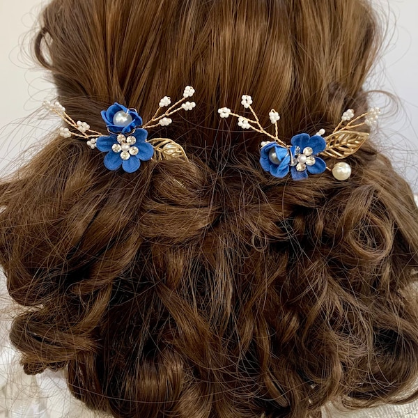 Beautiful Bridesmaid Royal Blue with Gold Pearl and Diamante Wedding Flower Hair Pin