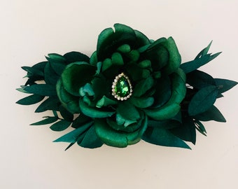 Beautiful Bridesmaid Flower Hair Comb in Forest Olive Green Moss Green with Eucalyptus Foliage Ribbon & Emerald Gemstone