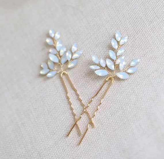 Bridal Hair Pin & Earrings: Soft Blue Opal, Gold or Silver