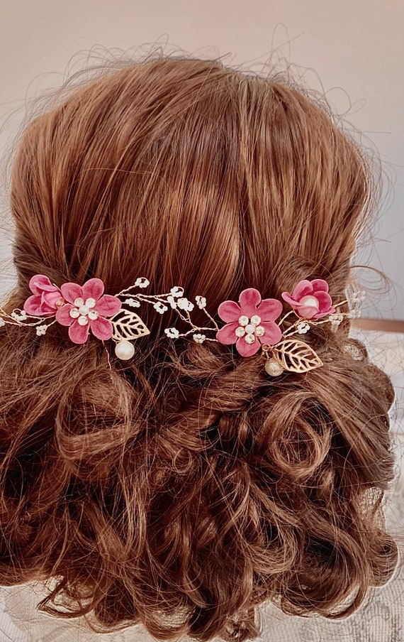 Rose Pink Wedding Hair Pin: Gold, Pearl Diamante Flower