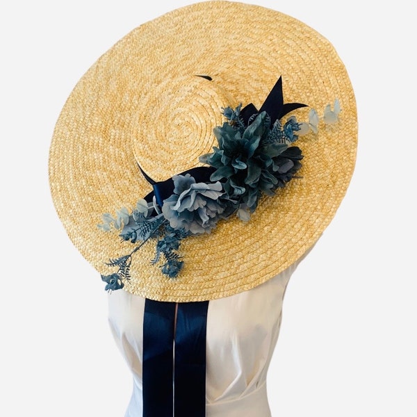 Simply Beautiful Large Rim Raffia Boater Hat with Dusky Dusty Blue with Navy Dried and Silk Flowers