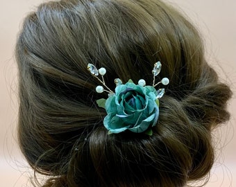 Simply Beautiful Turquoise Blue Teal with Pearl and  Diamante Bridal Flower Hair Pin