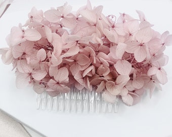 Beautiful Bridesmaid Dusky Dusty Pink Rose Pink Preserved Hydrangea Petal Bridal Hair Comb and Hairpins