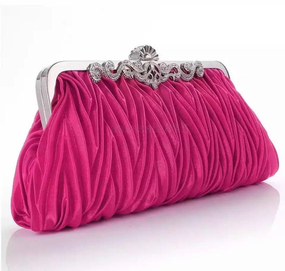 Stunning Bridal Fuscia Pink Satin Diamanté Detail Clutch Bag