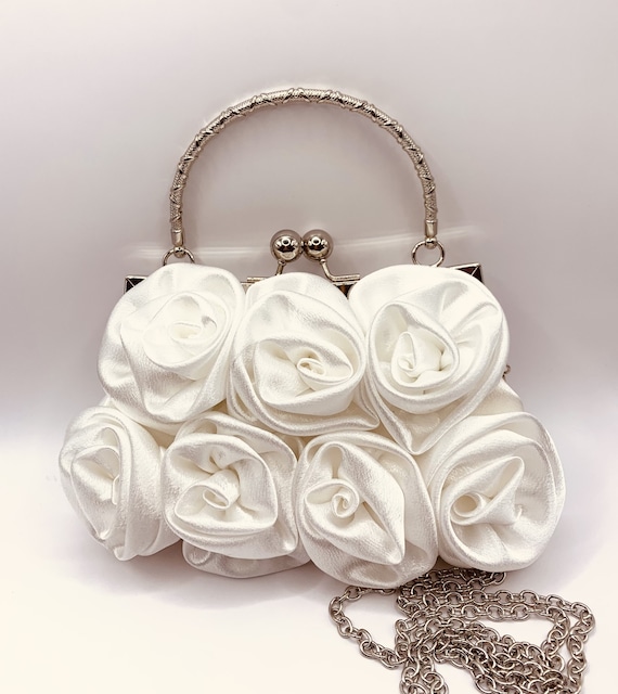 White Satin Rose Clutch Handbag With Chain Handle - Etsy Denmark