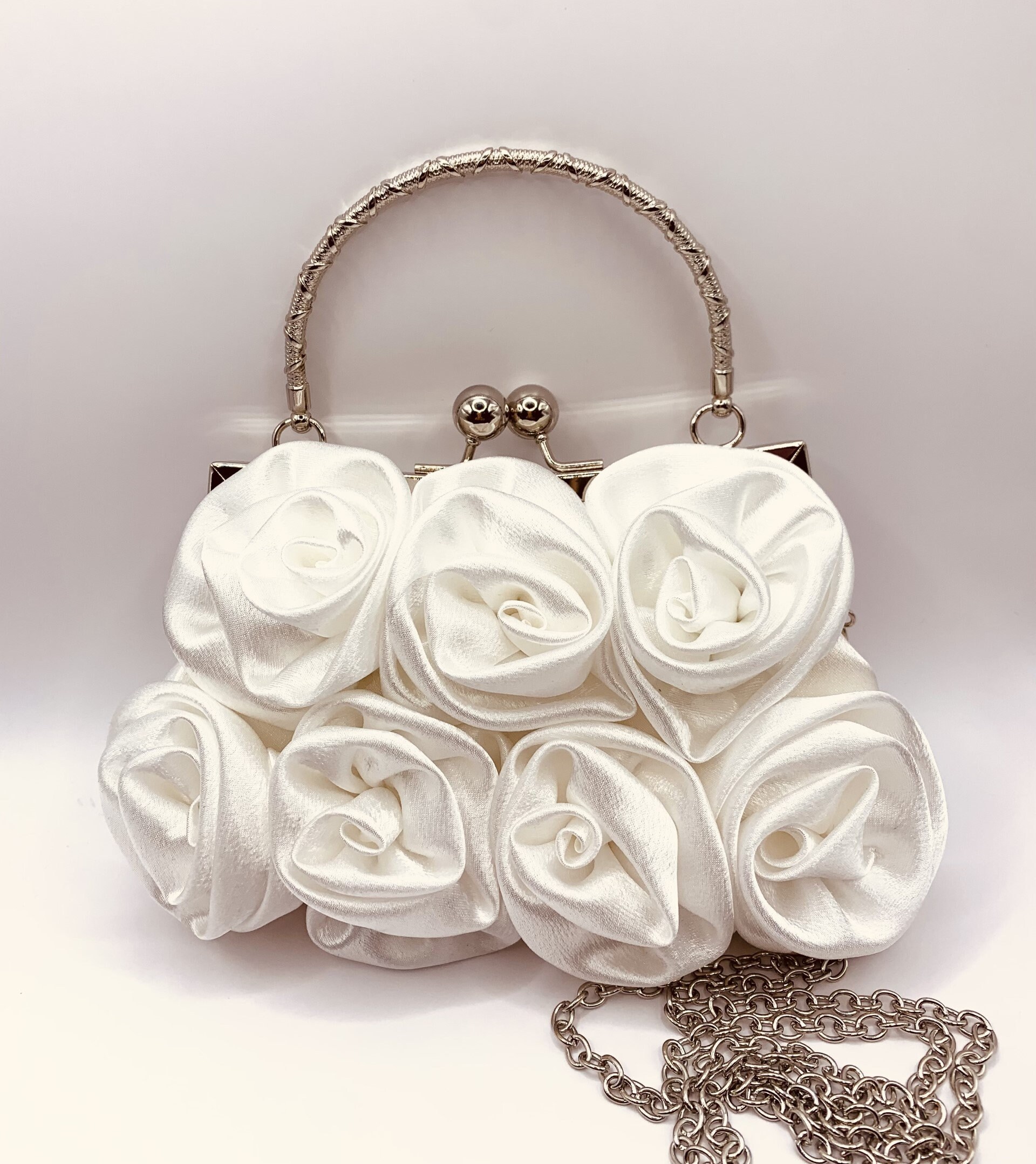 White Satin Rose Clutch Handbag With Chain Handle - Etsy Canada