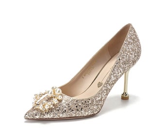 Beautiful Princess Sparkling Gold Bridal Wedding Shoes