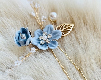 Hermosa dama de honor azul polvo con perla dorada y pasador de pelo de flor de boda Diamante