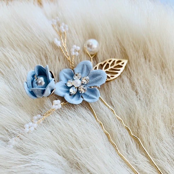 Beautiful Bridesmaid Powder Blue with Gold Pearl and Diamante Wedding Flower Hair Pin