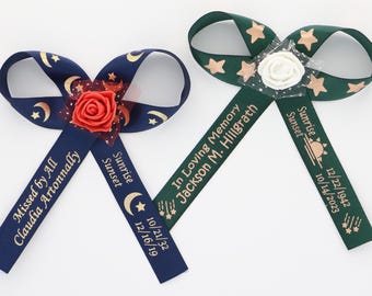 Personalized Bereavement Ribbon Double Loop Bow with Rose – Custom Satin Ribbon Bow with Your Message, Logo or Drawing for Memorial