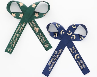 Personalized Bereavement Ribbon Double Loop Bow – Custom Printed Satin Ribbon with Your Message, Logo or Drawing for Memorial