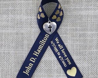 Personalized Bereavement Ribbon Classic Bow with Charm – Custom Satin Ribbon with Your Message, Logo or Drawing for Memorial, Funeral