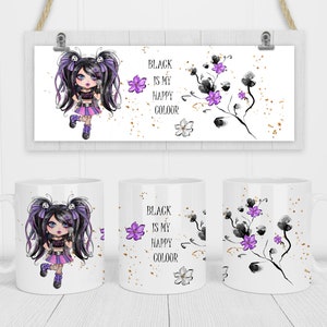 May include: White ceramic mug with a black and white illustration of a girl with purple hair and a black and white floral design. The text "BLACK IS MY HAPPY COLOUR" is printed on the mug.
