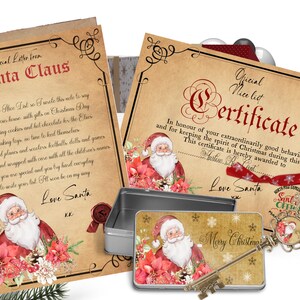 Puede incluir: Un certificado de Navidad de estilo vintage con una cinta roja y una ilustración de Papá Noel. El certificado dice "Certificado Oficial de la Lista de Buenos" y "En honor a su comportamiento extraordinariamente bueno y por mantener el espíritu de la Navidad durante este año. Este certificado se otorga a [Nombre]. Con cariño, Papá Noel."