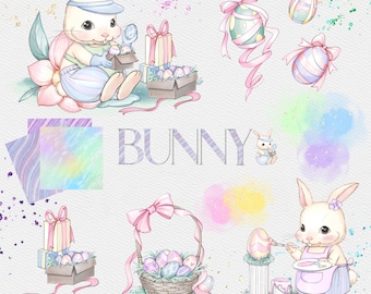 Conjunto de imágenes prediseñadas de conejito de Pascua / PNG transparente / Diversos elementos para tarjetas, manualidades y proyectos digitales