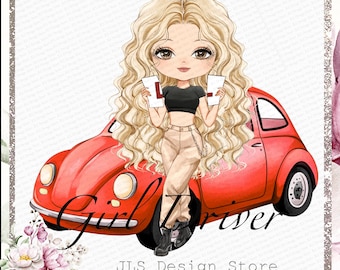 Conjunto de imágenes prediseñadas de chica conductora: PNG de conductora nueva personalizable (descarga digital)