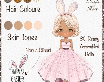 Clipart de niña de Pascua dibujada a mano, cabello y piel personalizables (descarga digital, PNG de 300 DPI)