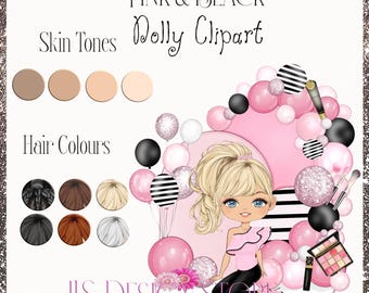 Clipart de muñeca rosa y negra con fondo de globo - Diseño de sublimación, archivos PNG