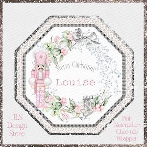 May include: Pink and white Christmas wreath with a pink nutcracker, a bow, and the text "Merry Christmas Louise".
