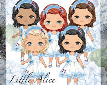 Clipart de muñeca de Alicia en el País de las Maravillas: Cabello, ojos y piel personalizables (Descarga digital)