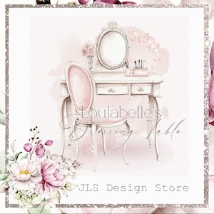 May include: Watercolor illustration of a white dressing table with a pink chair, oval mirror, and floral accents. The text "Loulabelle's Dressing Table" is displayed. The image is framed with a silver glitter border and includes the text "JLS Design Store".