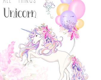 Clipart de unicornio en acuarela: globos pastel, imprimibles para fiestas (PNG)