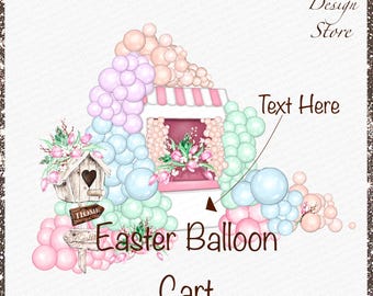Imágenes prediseñadas de carrito de globos de Pascua dibujado a mano, escena de fiesta primaveral (descarga digital)