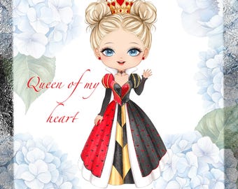 Muñeca Reina de Corazones, PNG dibujado a mano (Descarga digital)