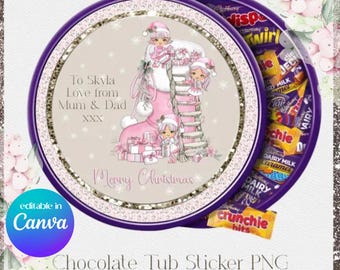 Pegatina de chocolate navideño: Calcetín rosa con elfos PNG (Descarga digital)