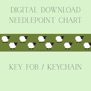 Puede incluir: Patrón de punto de aguja de descarga digital para un llavero. El diseño presenta una fila de ovejas blancas con caras y patas negras sobre un fondo verde. Se muestra el texto "DIGITAL DOWNLOAD NEEDLEPOINT CHART" y "KEY FOB / KEYCHAIN".