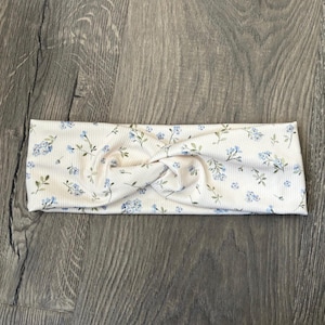 Cream Blue Floral Headband | Rib knit dainty floral turban twist headband headwrap gifts for her, workout teachers nurses
